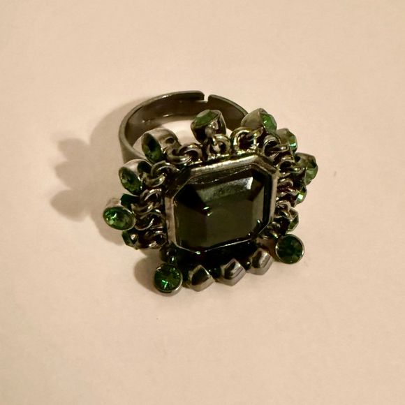 Givenchy Jewelry - Givenchy Womens Ring Green Rhinestones Gunmetal Dangles Adjustable